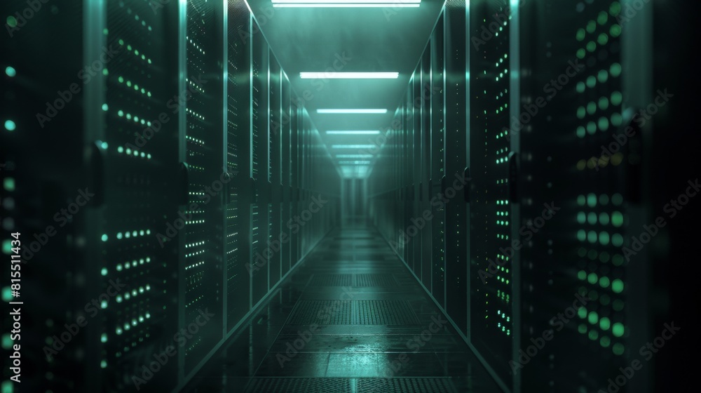A dimly lit data center, endless rows of server racks stretching into the darkness, illuminated by status LEDs A dimly lit data center, endless rows of server racks stretching into the darkness, illuminated by status LEDs