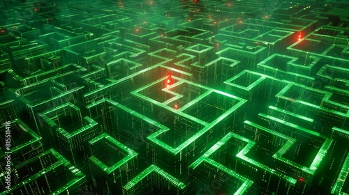 A digital maze teeming with glowing green code, a single red virus particle navigating through the labyrinth, photorealistic