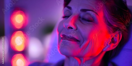 Elderly brunette woman receiving red light physiotherapy treatment for pain relief. Concept Pain Relief Therapy  Red Light Treatment  Elderly Care  Healthcare  Brunette Woman
