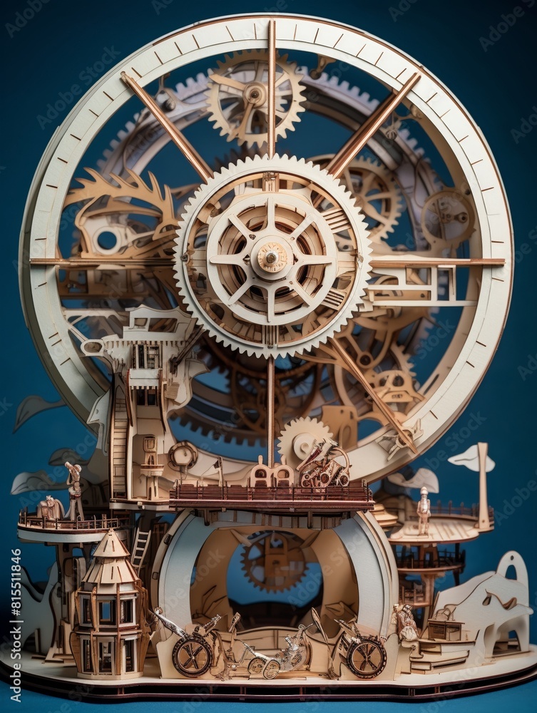 Obraz premium Inventors workshop, flying machine models, gears and sketches, innovation, papercut 3D style