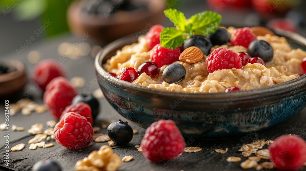 nutritious breakfast of oatmeal with fruits and nuts