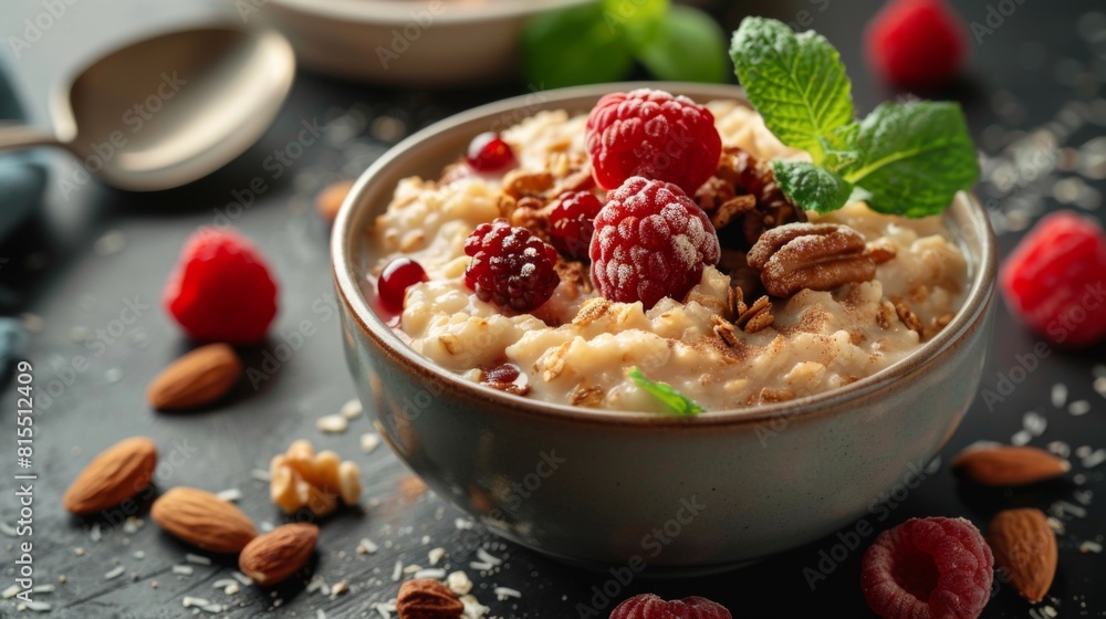 nutritious breakfast of oatmeal with fruits and nuts nutritious breakfast of oatmeal with fruits and nuts