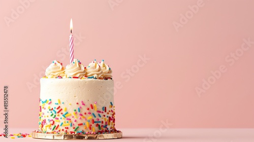 A birthday cake with a lit candle  clean pastel pink background  copy space on the right