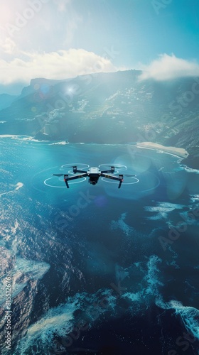 A MALE drone monitoring a coastline, its radar scanning the horizon for approaching vessels