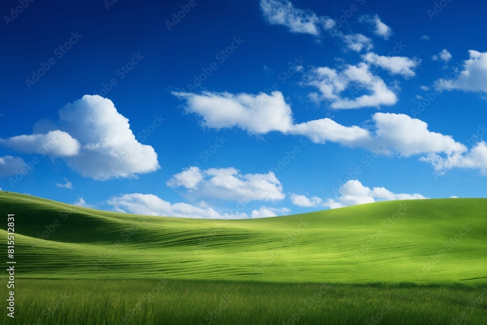 A beautiful summer or spring landscape with green grass on the hills and green fields. The blue sky is filled with white clouds and bright sunlight. Nature as a background. A beautiful summer or spring landscape with green grass on the hills and green fields. The blue sky is filled with white clouds and bright sunlight. Nature as a background.