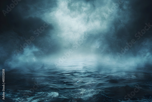 A spooky and eerie black and blue sky with haunted clouds over a dark ocean  creating a sense of horror and mystery. Suitable for Halloween or supernatural themes.