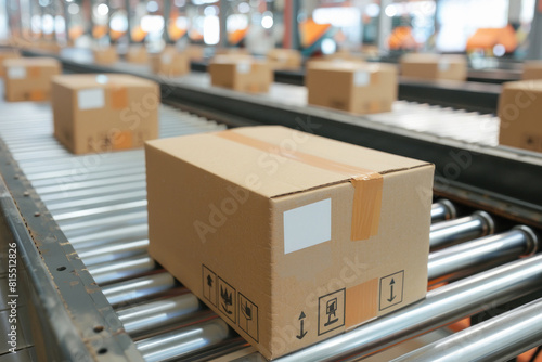 multiple cardboard box packages seamlessly moving along a conveyor belt in a warehouse