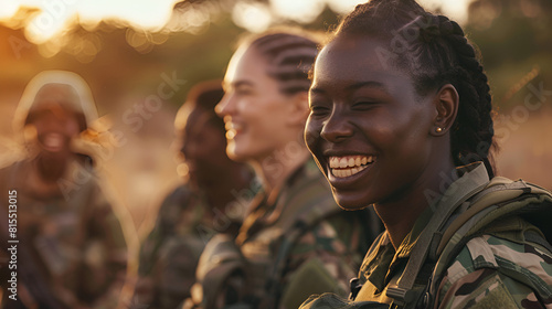 soldiers ai black american smiling and golden group candid laughing african army of hour generated at female photo