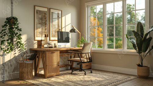 a home office with a standing desk and natural wood furniture