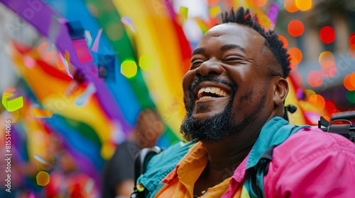 closeup wheelchair in happy a pride a smiling of man celebrating plussize candid disabled portrait festival black pride