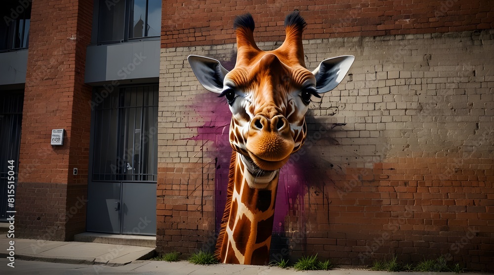 Fototapeta premium Giraffe a spray painted in the brick wall street art concept.generative.ai