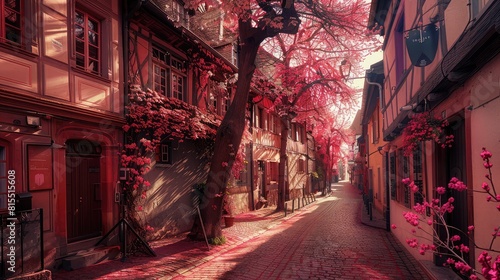 A picturesque cobblestone street lined with beautiful cherry blossom trees in full bloom,cherry blossom Sakura blooming street view,Serene Cherry Blossom Traditional Decoration