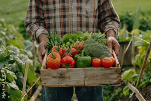farmer holding wooden box full of fresh vegetables.
