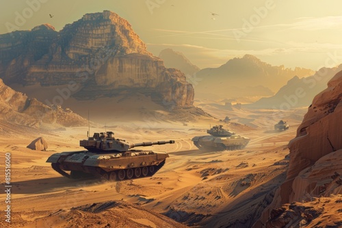 An Military tank M1 Abrams leading a convoy of military vehicles through a desolate desert canyon