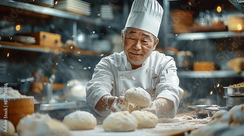 A Chinese chef wear white chef clothes with a chef hat, standing in front of a wooden table, hands are kneading dough on the table. Generative AI.