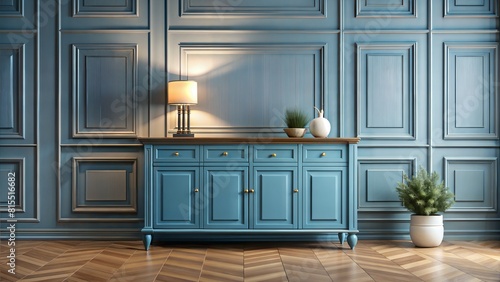 minimalist Blue painted wood retro cabinet near wainscoting wall. Vintage classic home interior design of living room with antique furniture.