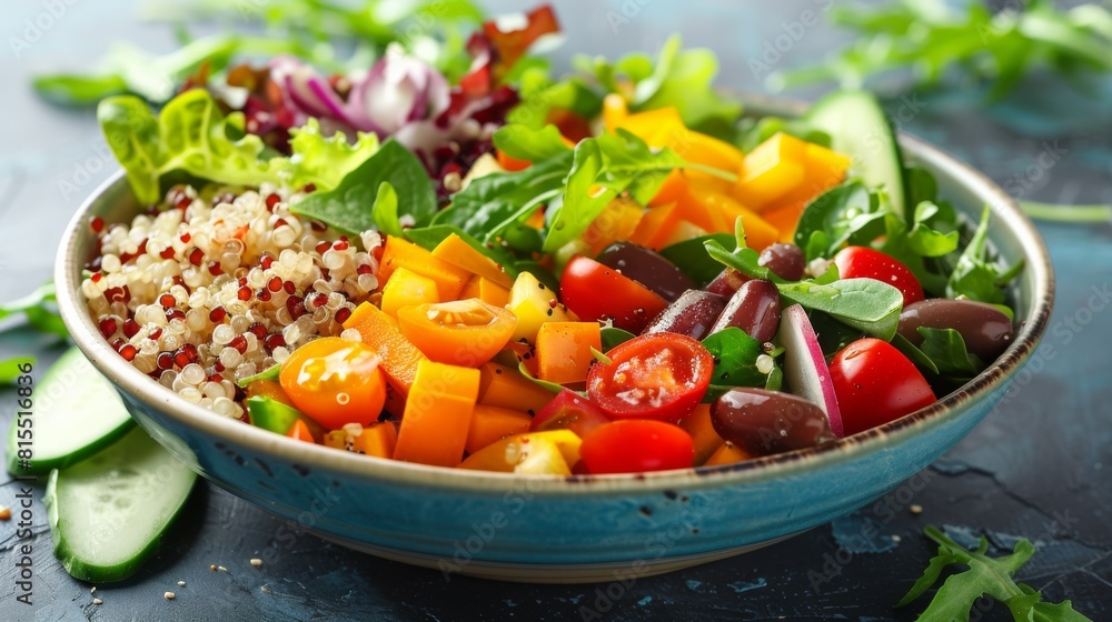 a colorful salad bowl with fresh vegetables and quinoa