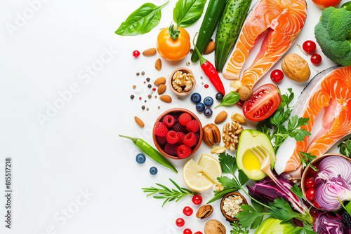 A set of healthy food. Fish  nuts  protein  berries  vegetables and fruits. On a white background. Top view. Free space for text.