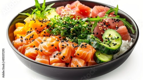 a colorful poke bowl with fresh fish and vegetables