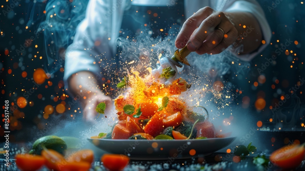 chef preparing a dish of grilled vegetables and lean protein chef preparing a dish of grilled vegetables and lean protein