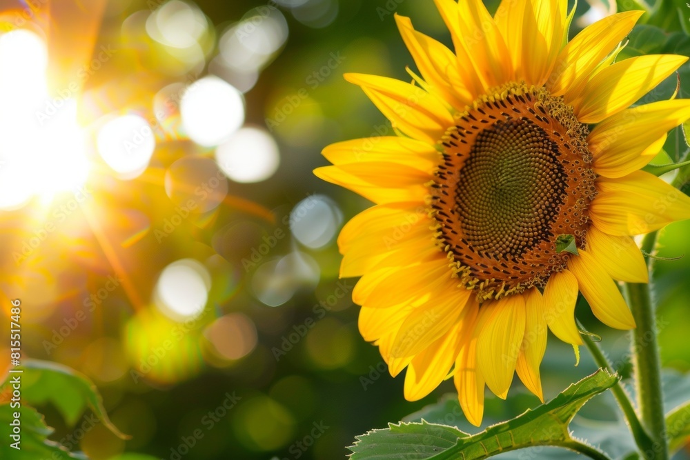 Fototapeta premium Close-up of a sunflower field at sunset, with the golden light bathing the flowers and casting long shadows