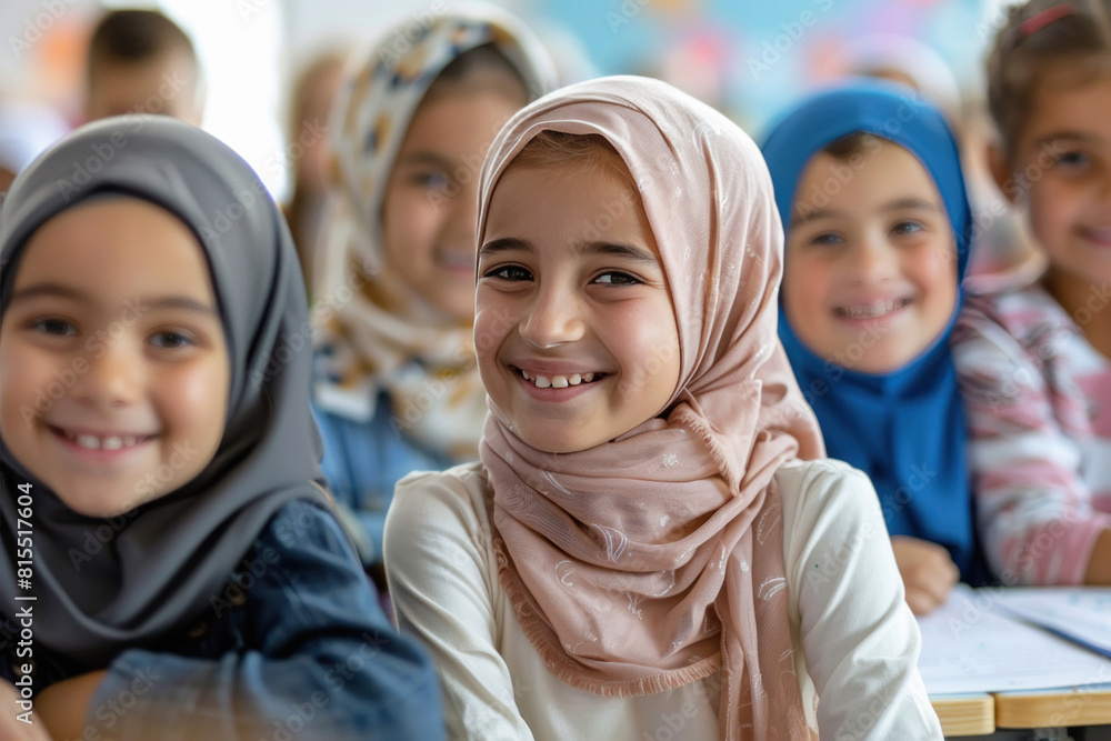 little girls in hijab sitting at classroom little girls in hijab sitting at classroom