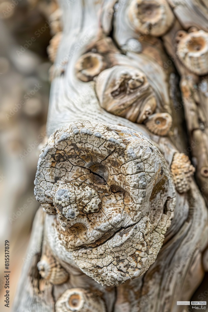 Close-up of textured driftwood washed ashore, with barnacles and weathered patterns telling a story of its journey Close-up of textured driftwood washed ashore, with barnacles and weathered patterns telling a story of its journey