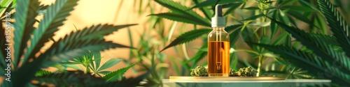 A mariana CBD oil hemp bottle on a podium cannabis leaf with podium platform generated by ai. photo