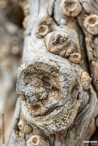 Close-up of textured driftwood washed ashore, with barnacles and weathered patterns telling a story of its journey © ktianngoen0128