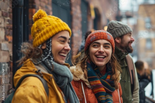 Group of friends walking on the street in winter  having fun.