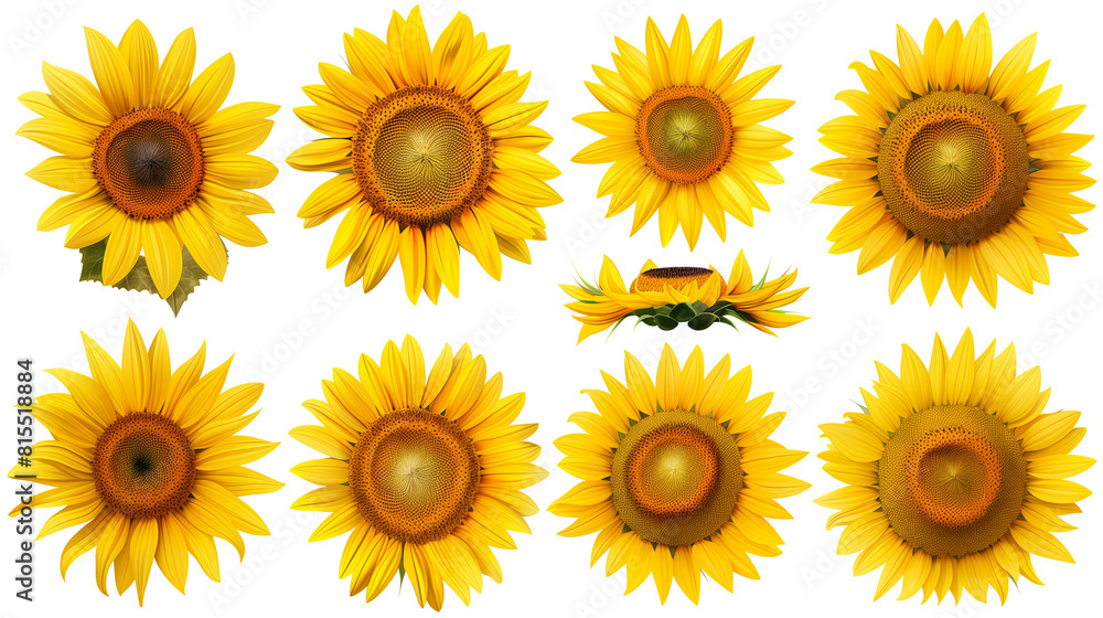Set of top view blooming sunflowers, showing the intricate patterns of seeds and petals,