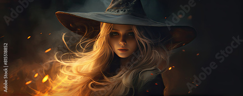 Magic witch with sorcerer ball on haloween background