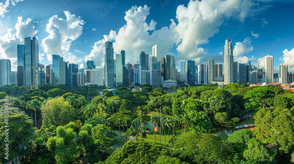 Panoramic view of a city park during the vibrant fall season, colorful foliage contrasting with skyscrapers Panoramic view of a city park during the vibrant fall season, colorful foliage contrasting with skyscrapers