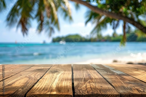 A wooden deck with palm trees  overlooking the beach under a cloudy sky