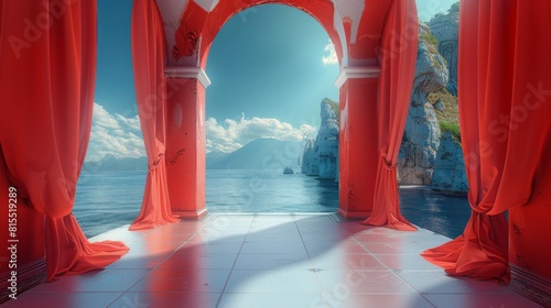 A romantic scenic Greek archway with long red flowing drapes. Generative AI.
