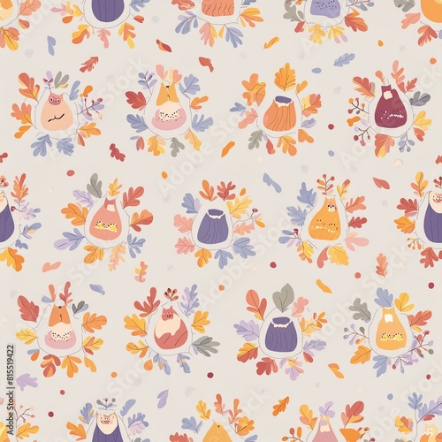 a serene seamless pattern of forest creatures organic like owls, squirrels, and hedge