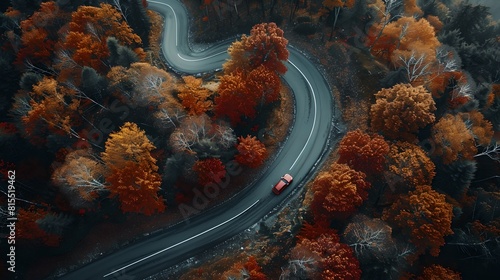 Winding Road Through Autumn Forest, Aerial View of a Scenic Drive in Fall. Colorful Trees and a Car on Journey. Idyllic Countryside Landscape. AI © Irina Ukrainets