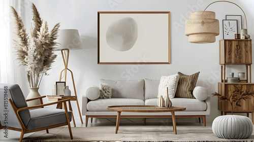 Elegant composition of warm living room interior with mock up poster frame modular sofa travertine coffee table gray armchair rattan sideboard lamp and personal accessories Home decor  : Generative AI photo