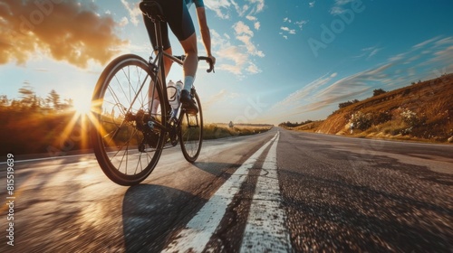 A cyclist is riding down a road during a sunset  with the orange and pink hues of the sky in the background.