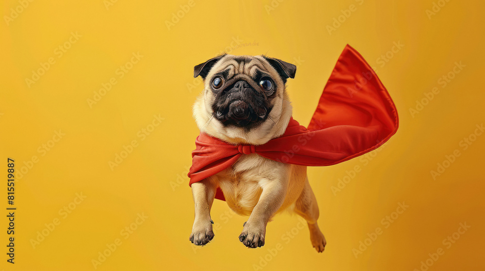 Cute pug with a red cloak jumping and flying on yellow background