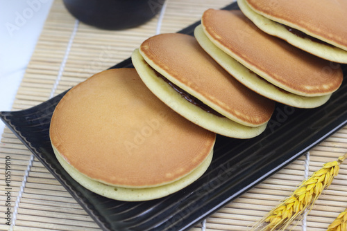 Dorayaki, Japanese popular soft pancakes filled with chocolate jam or red bean paste. 