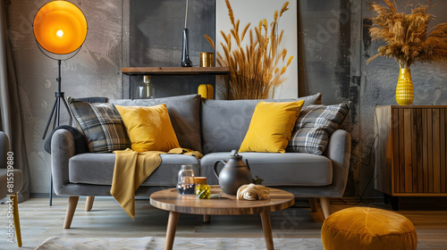 The stylish boho compostion at living room interior with design gray sofa wooden coffee table commode and elegant personal accessories Honey yellow pillow and plaid Cozy apartment Home : Generative AI photo