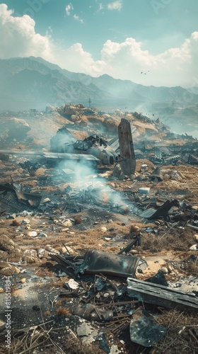 The aftermath of a combat drone strike: smoldering wreckage and debris scattered across a landscape © ktianngoen0128