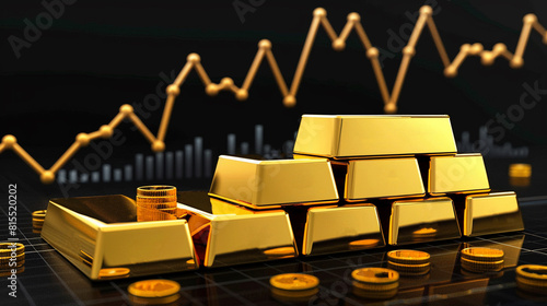A striking visual of gold bars piled with a rising financial graph in the background, representing investment growth