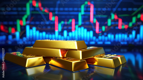 Digital illustration of gold bars floating against a backdrop of vibrant stock market graphs, depicting investment trends