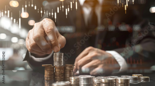 Dynamic scene of a businessman in a dark suit, manipulating a holographic projection of fluctuating stock markets, coins cascading beside him