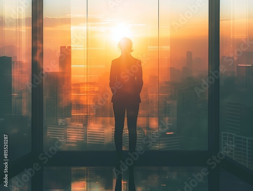 Silhouette of a professional woman facing a vibrant cityscape during a breathtaking sunrise. © cherezoff