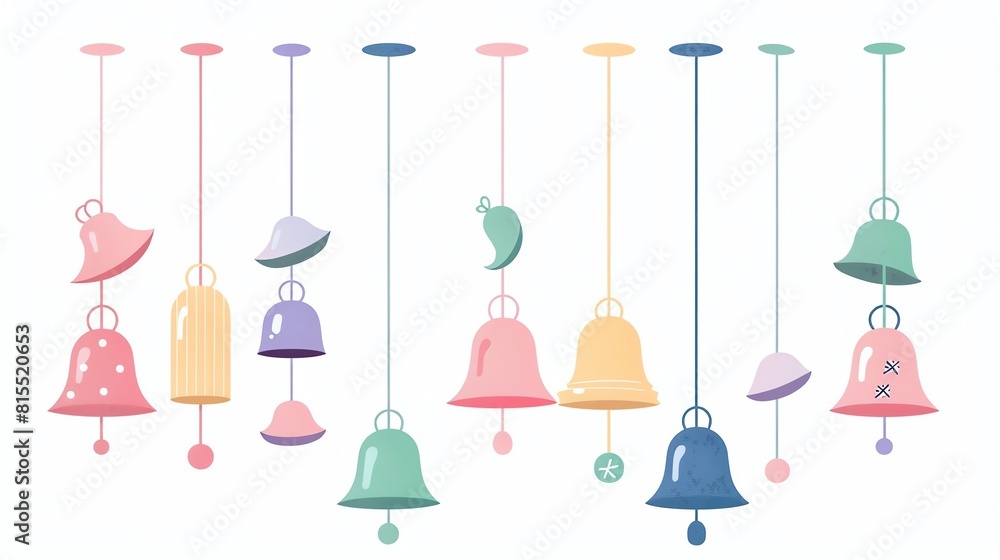 Wind chime bell flat design, side view, bell theme, cartoon drawing, colored pastel Wind chime bell flat design, side view, bell theme, cartoon drawing, colored pastel