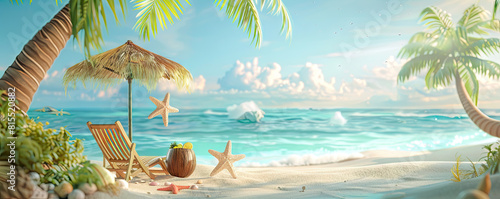 3D Tropical Island Scene  Palm Tree  Beach Chair  and Parasol with Starfish and Coconut Cocktail  Vacation Illustration