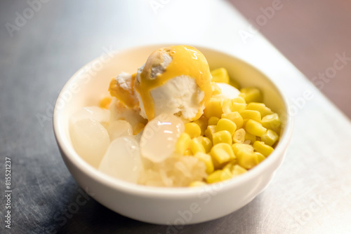 Coconut milk ice cream with egg yolk and topping; Thai dessert style.